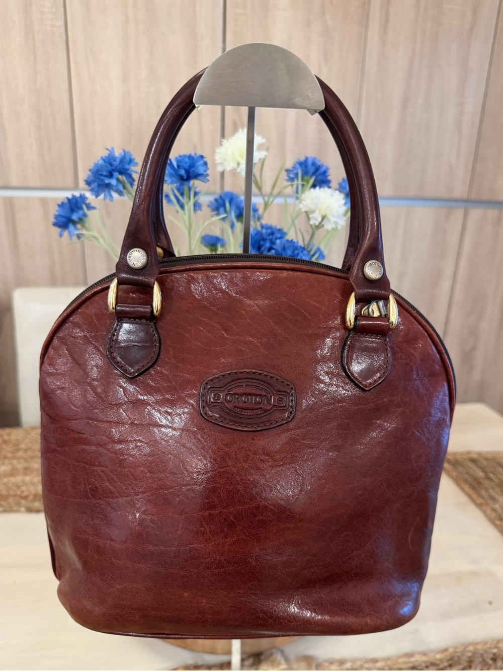 Oroton Rich Cognac Leather Dome Satchel Tote Bag Gold Hardware